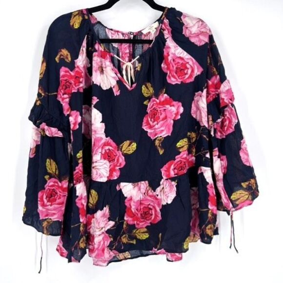 Entro Women's Floral Tiered Blouse Top Layered Bell Sleeve Pink Navy Blue Small - Picture 1 of 15